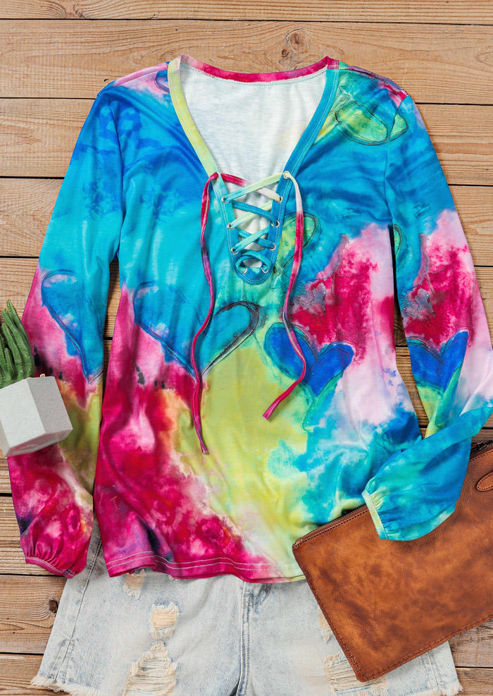 

Blouses Valentine Tie Dye Heart Lace Up Blouse in Multicolor. Size: ,M,L,XL