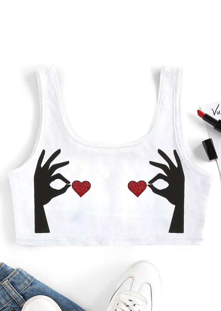 Crop Tops Valentine Love Heart Hands Crop Tank Top in White. Size: L,M,S,XL