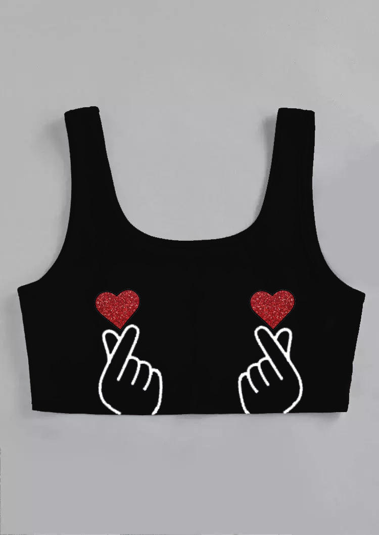 Valentine Heart Hand Crop Tank Top - Black