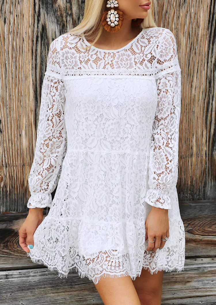 Lace Splicing Long�0�2Sleeve Mini Dress - White