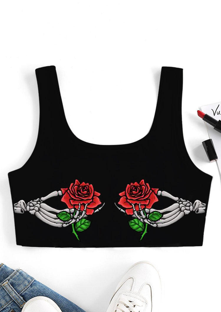 Crop Tops Valentine Rose Skeleton Hand Crop Tank Top in Black. Size: L,M,S,XL
