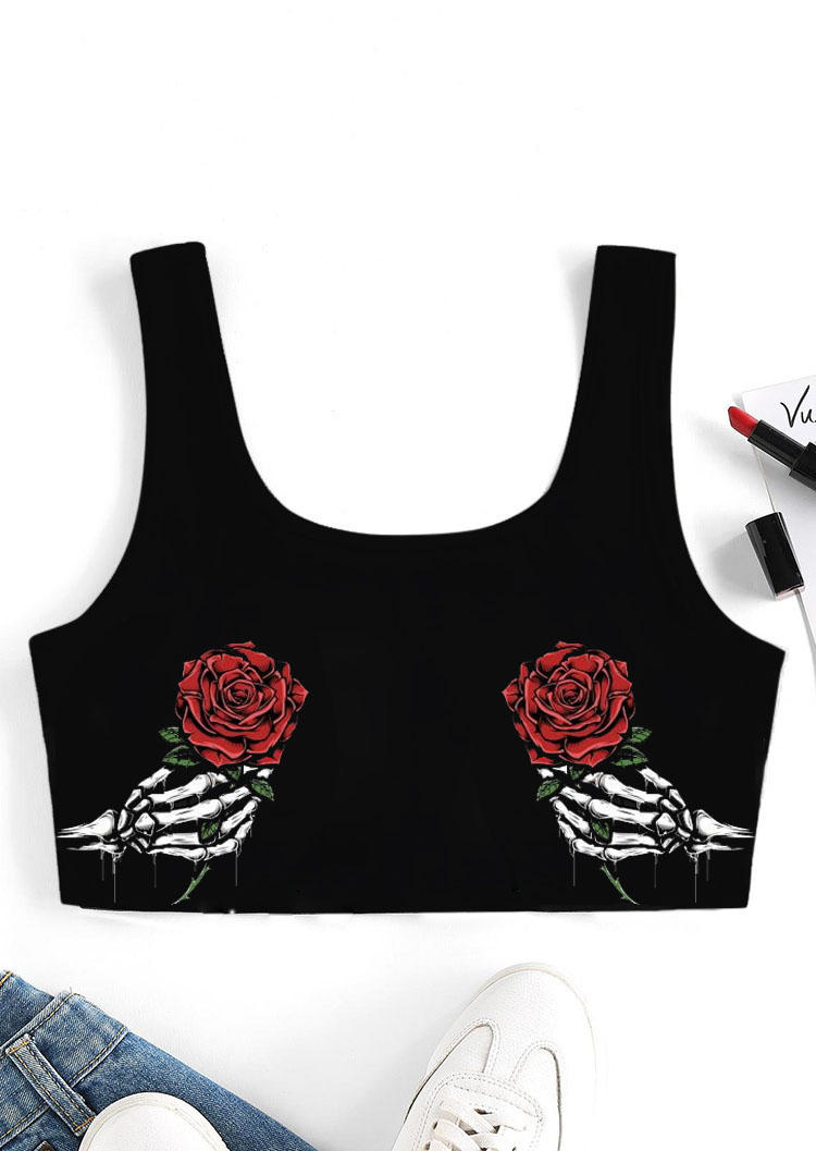 Crop Tops Valentine Rose Skeleton Hand Crop Tank Top in Black. Size: L,M