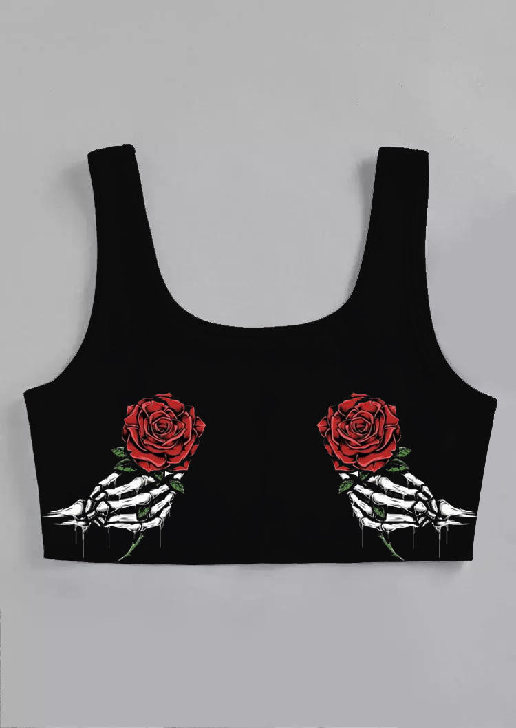 Valentine Rose Skeleton Hand Crop Tank Top - Black