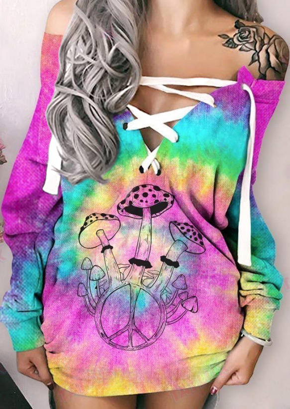 

Mini Dresses Mushroom Tie Dye Lace Up Mini Dress in Multicolor. Size: ,M,L,XL