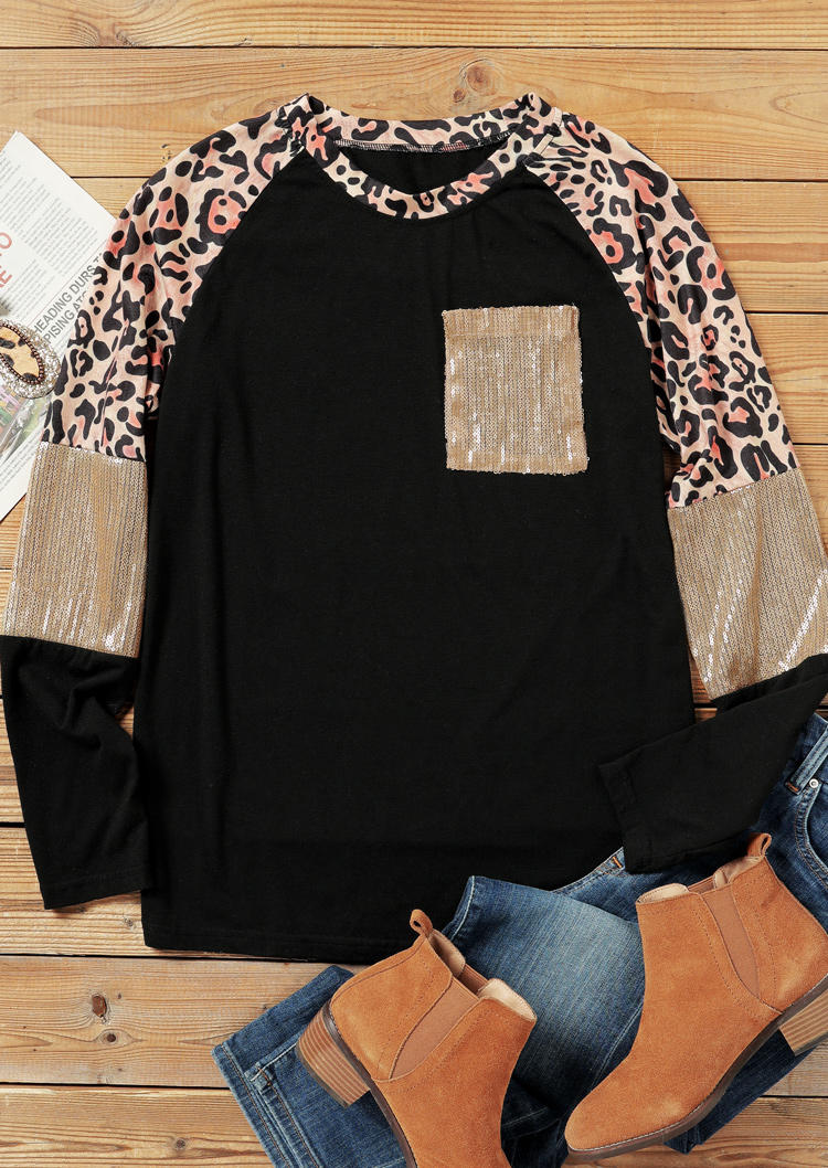 Leopard Sequined Splicing Blouse - Black