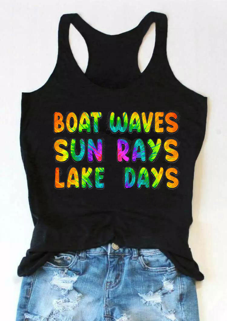 Tank Tops Boat Waves Sun Rays Lake Days Tie Dye Racerback Tank Top in Black. Size: S,M,L,XL