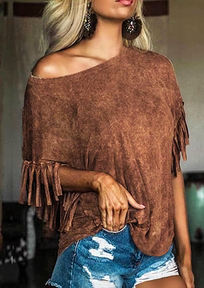 Blouses Vintage Tassel Casual Blouse in Brown. Size: L,XL
