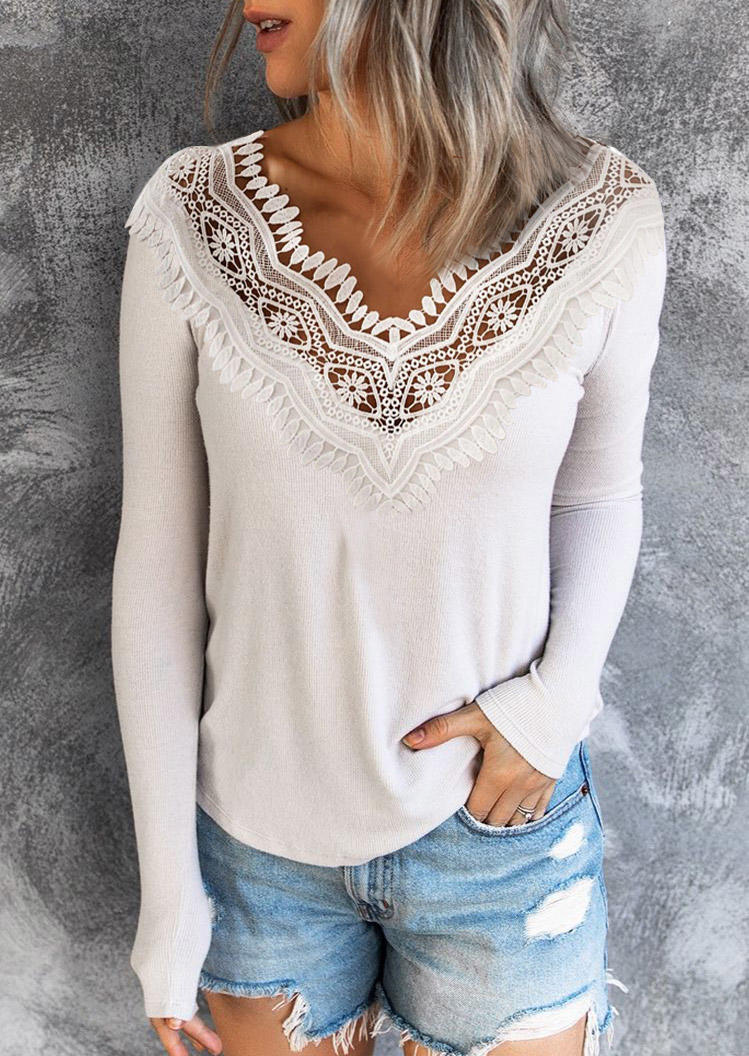

Blouses Lace Splicing Hollow Out Blouse in White. Size