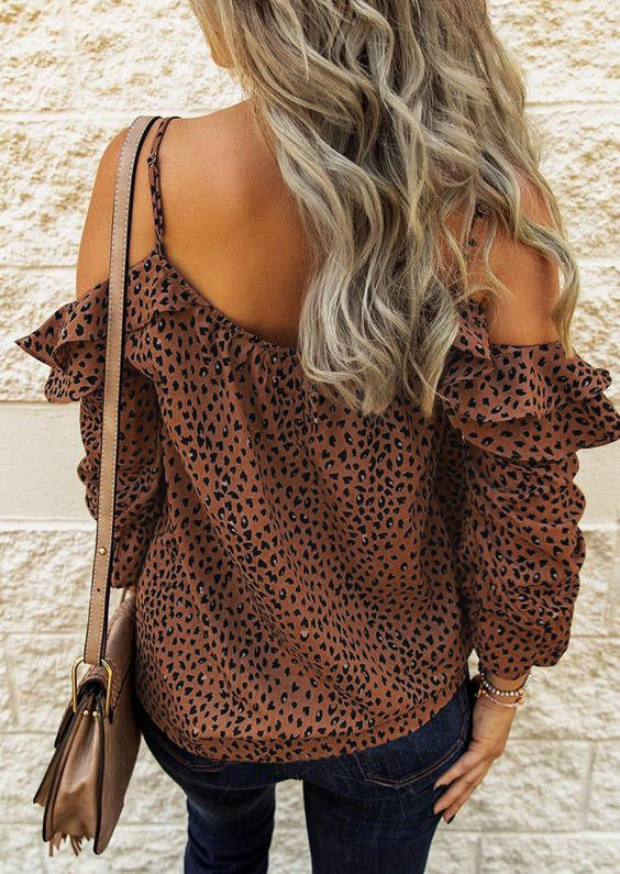 

Blouses Leopard Ruffled Cold Shoulder Blouse in Multicolor. Size