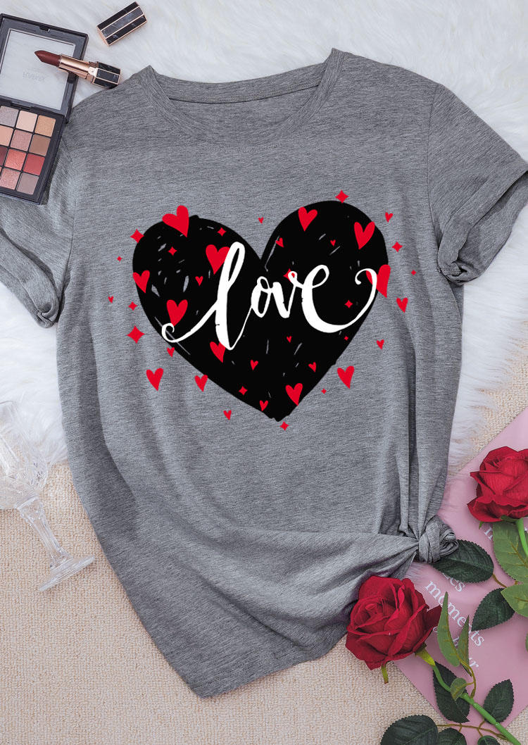T-shirts Tees Love Heart O-Neck T-Shirt Tee in Gray. Size: S,M