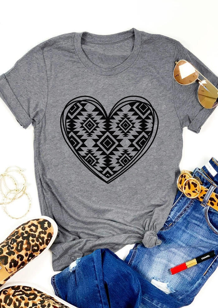 T-shirts Tees Heart Aztec Geometric O-Neck T-Shirt Tee in Gray. Size: S,M,L