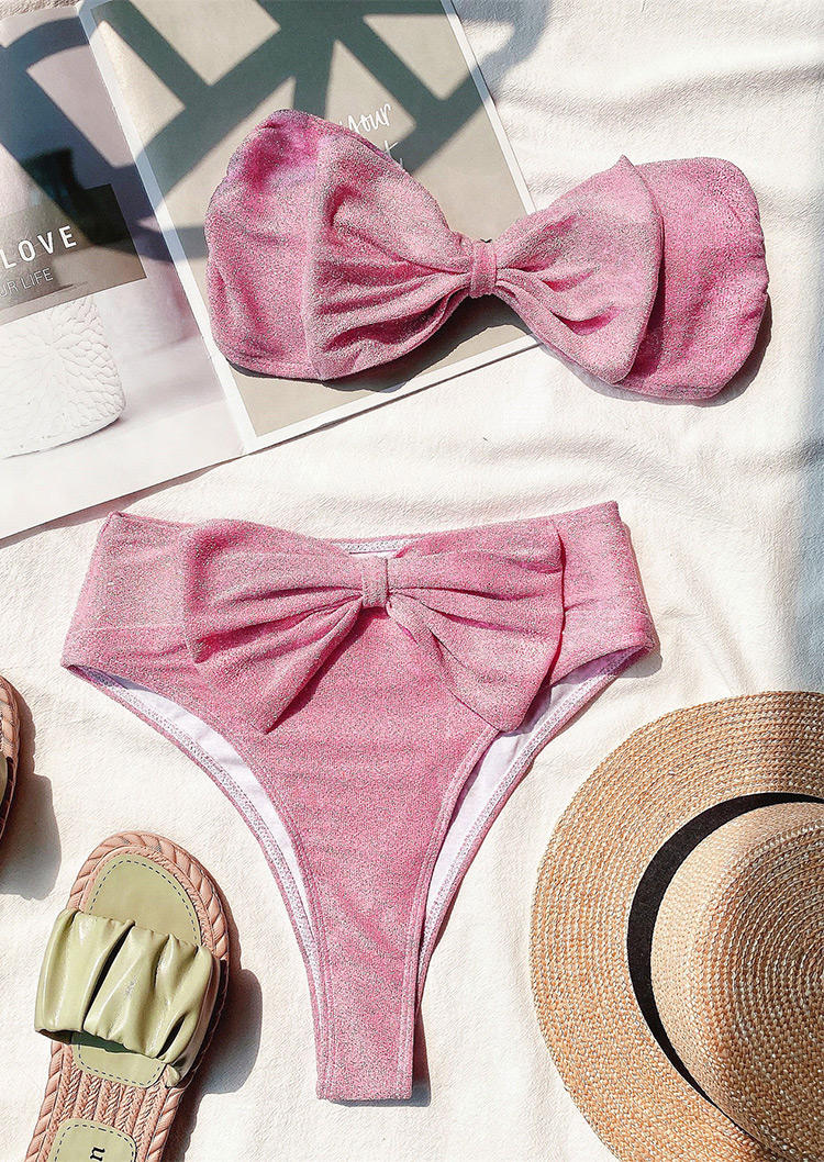 

Bikini Sets Glitter Bowknot High Waist Bikini Set in Pink. Size: L