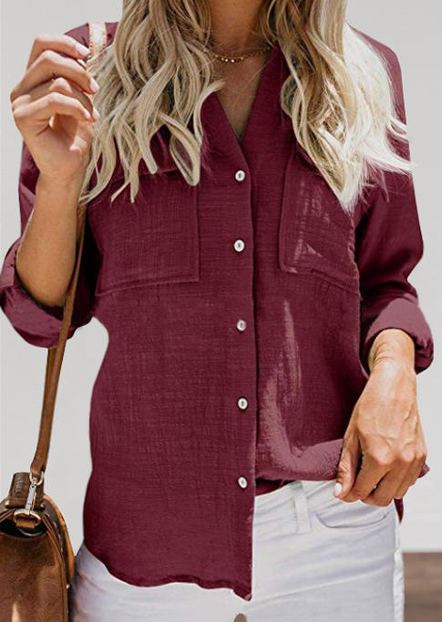

Blouses Pocket Button Long Sleeve Blouse in Burgundy. Size: ,M,L,XL
