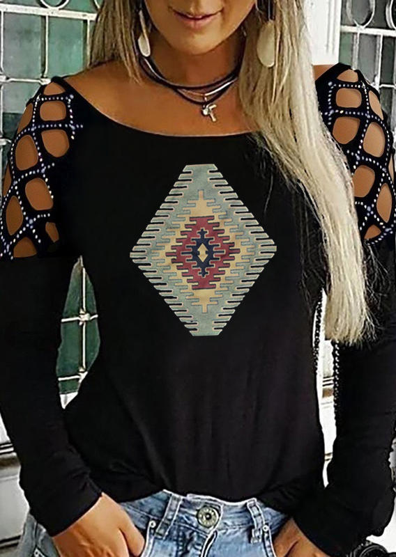 

Blouses Rhinestone Criss-Cross Aztec Geometric Blouse in Black. Size