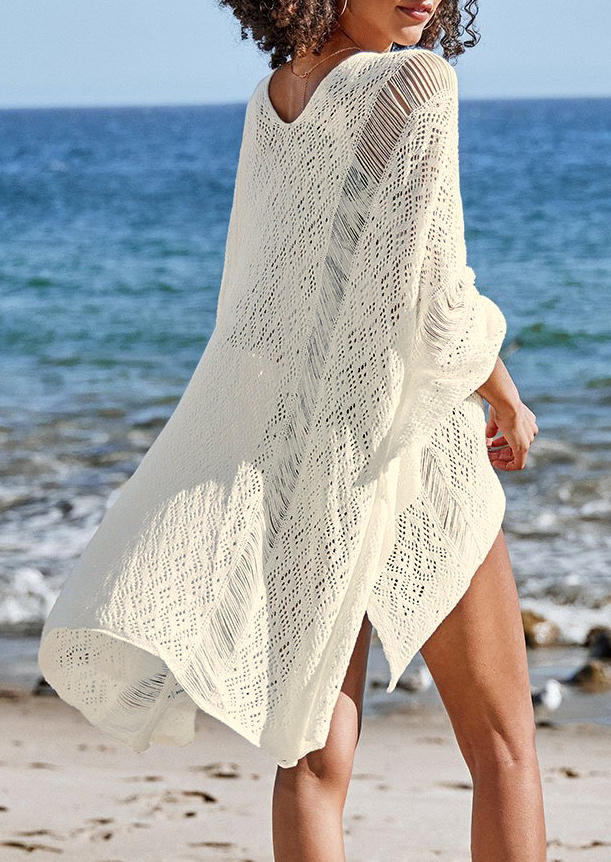 

Cover Ups Hollow Out Lace Up Cover Up in White. Size