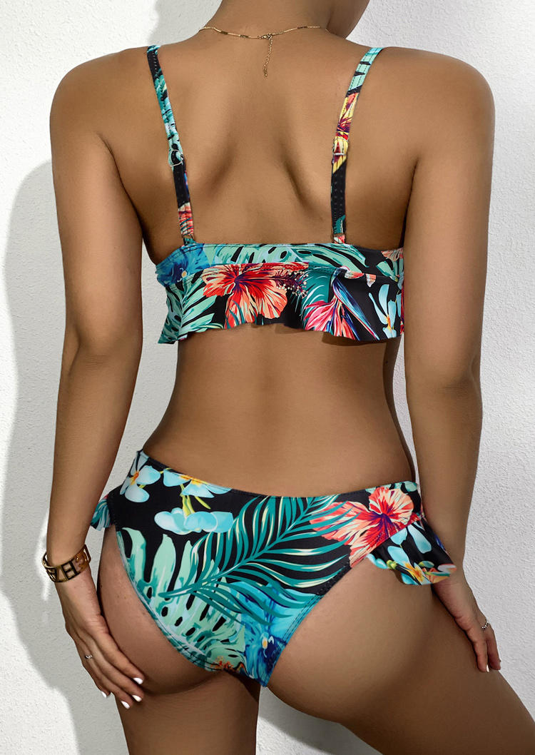 

Bikini Sets Floral Palm Leaf Ruffled Bikini Set in Green. Size: L,,XL