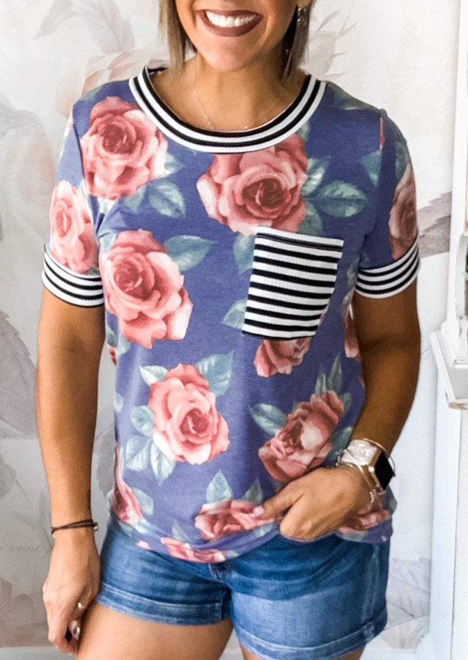 Floral Striped Splicing Pocket Blouse
