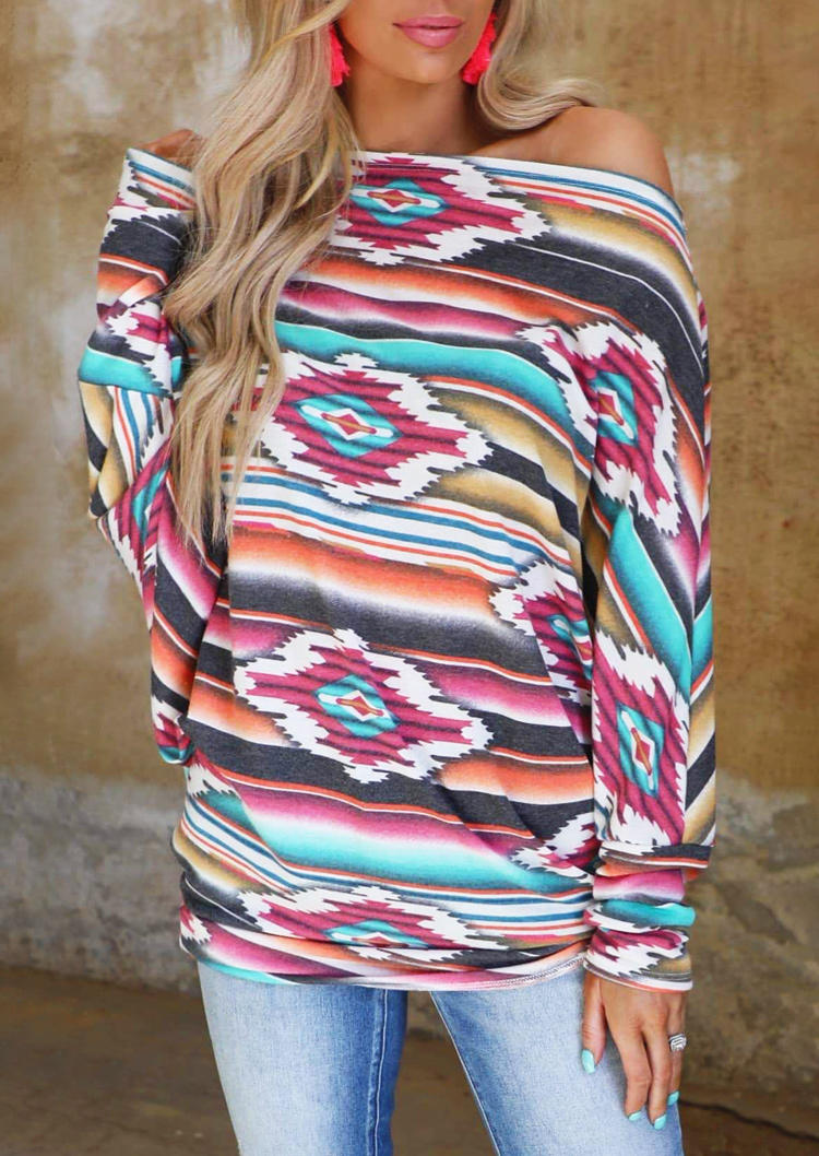 Blouses Aztec Geometric Long Sleeve Blouse in Multicolor. Size: M,L