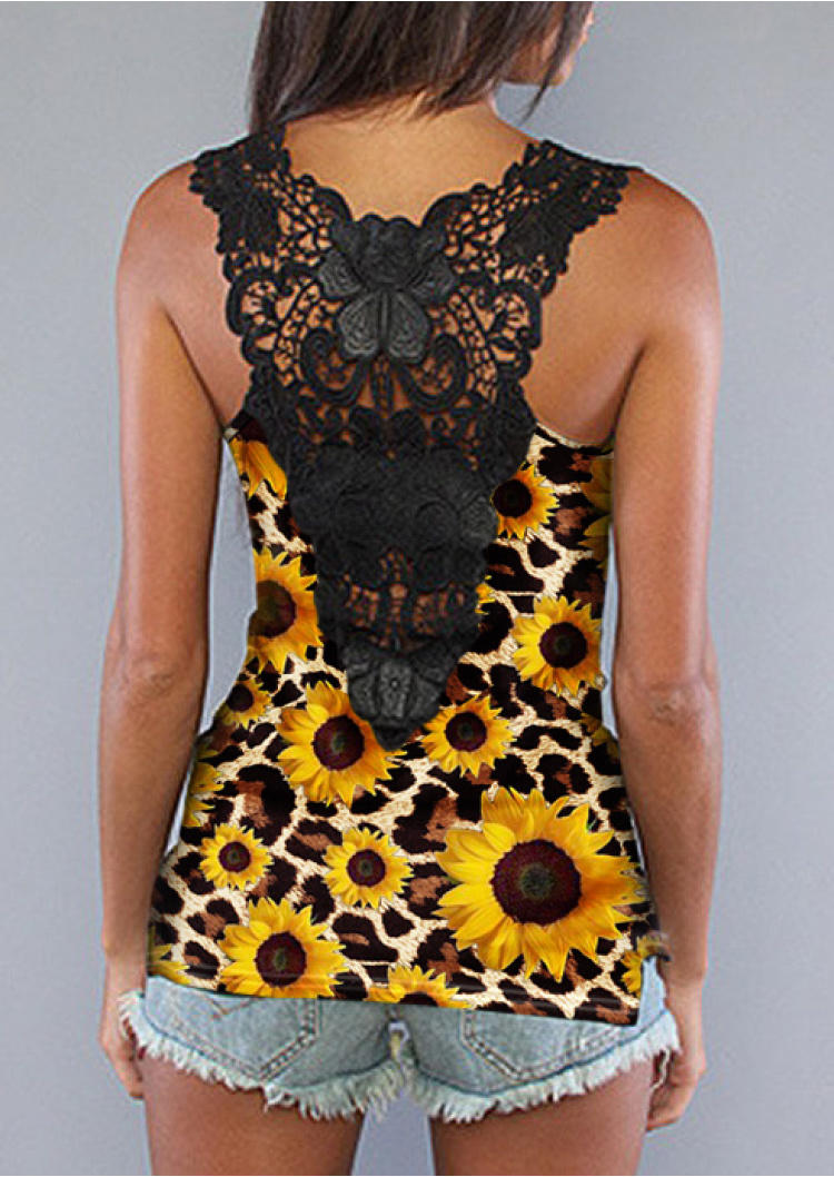 Tank Tops Lace Sunflower Leopard Sleeveless Tank Top in Multicolor. Size: S,XL