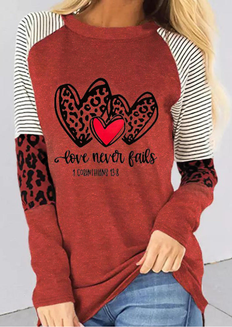 T-shirts Tees Striped Leopard Heart Love Never Fails T-Shirt Tee - Brick Red in Red. Size: L,M