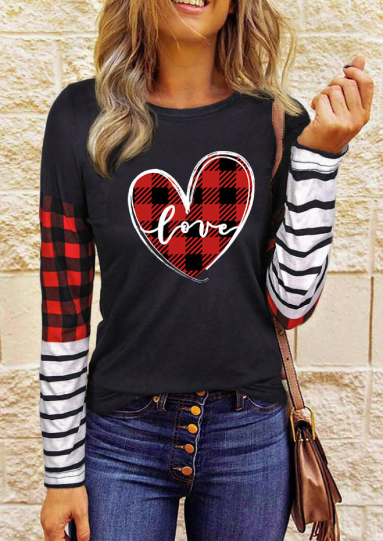 T-shirts Tees Love Plaid Striped Long Sleeve T-Shirt Tee -Black in Black. Size: L,S