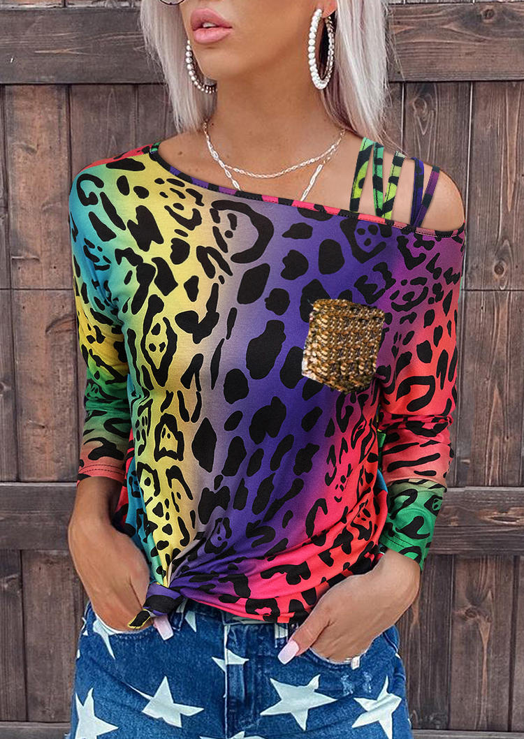 Colorful Gradient Leopard Sequined Pocket Blouse