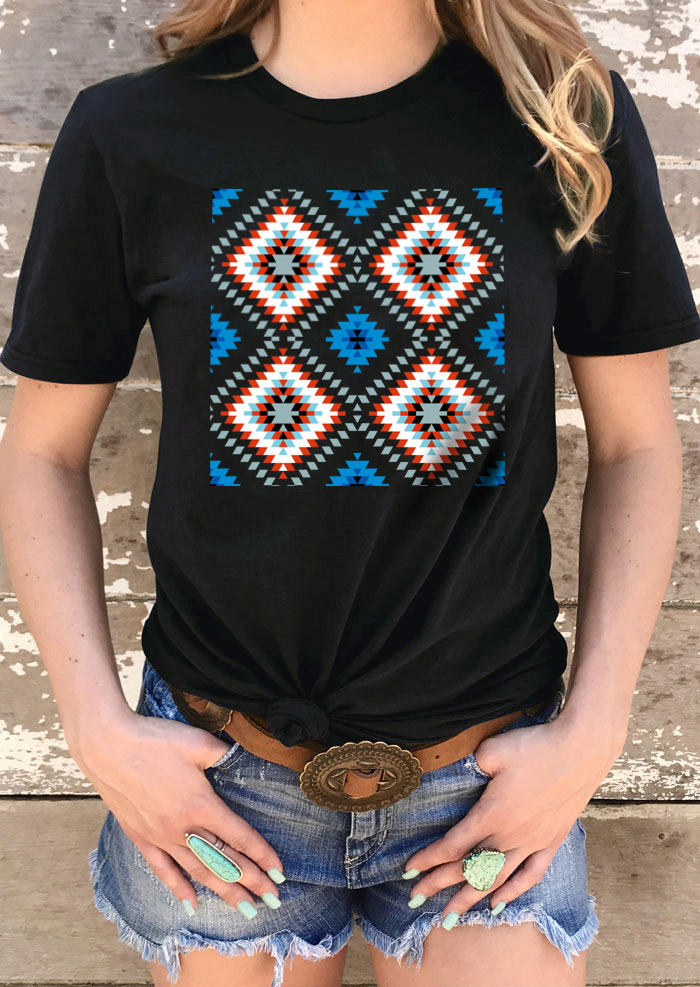 

T-shirts Tees Aztec Geometric O-Neck T-Shirt Tee in Black. Size: ,M,L