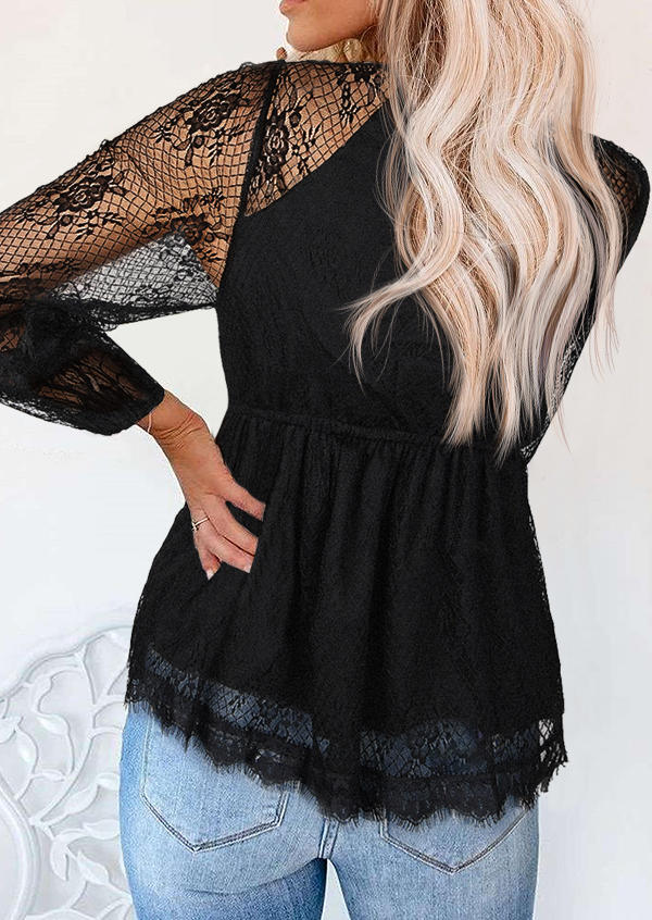 

Blouses Lace Hollow Out Tie Blouse in Black. Size