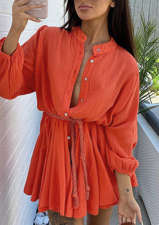 

Mini Dresses Button Long Sleeve Mini Dress in Orange. Size