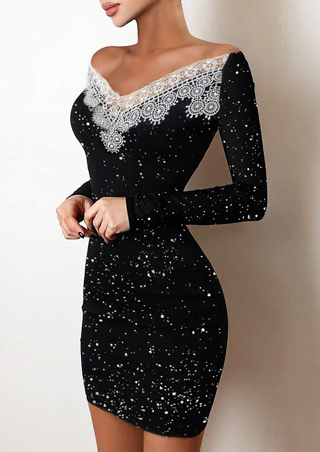 

Bodycon Dresses Lace Splicing V-Neck Bodycon Dress in Black. Size: ,M,L,XL