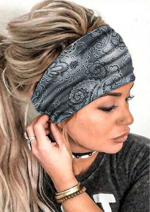 

Bohemian Paisley Floral Yoga Wide Headband in Gray. Size