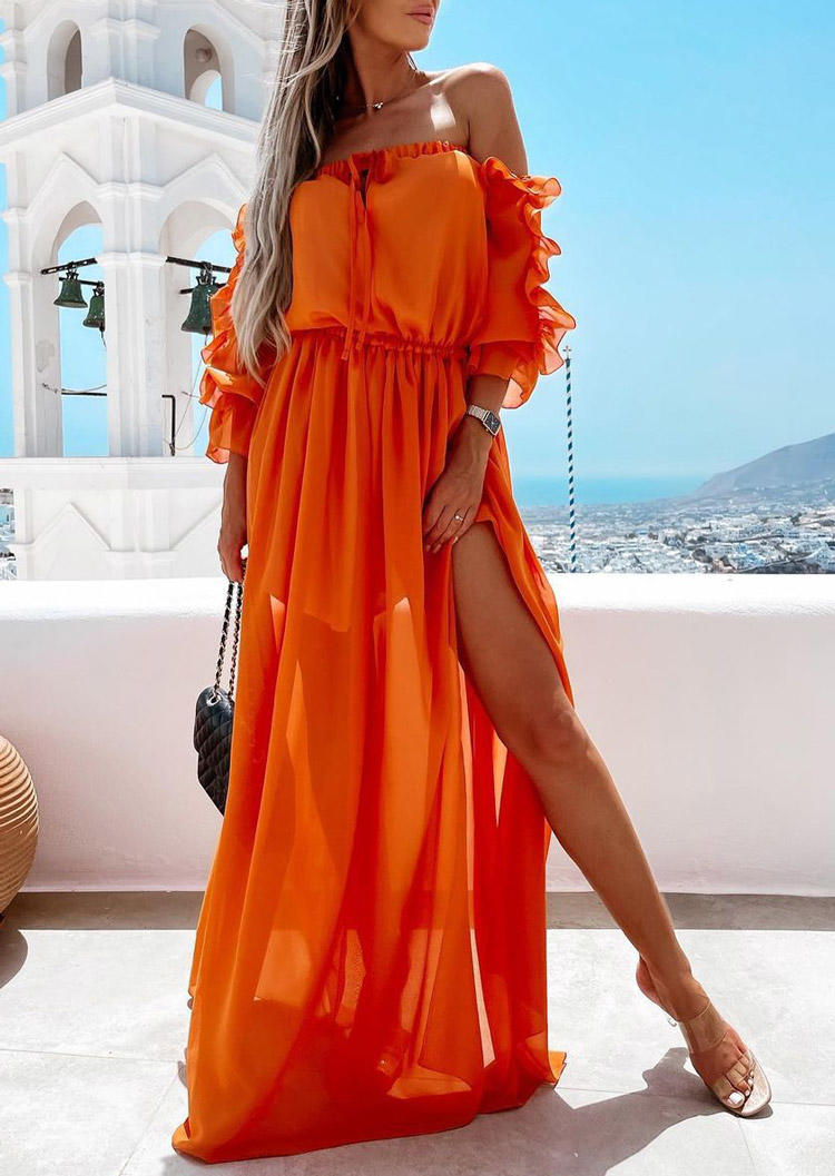 Maxi Dresses Off Shoulder Ruffled Maxi Dress in Orange. Size: S