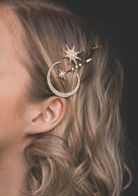 

3Pcs Geometric Moon Star Rhinestone Hairpin in Gold,Silver. Size