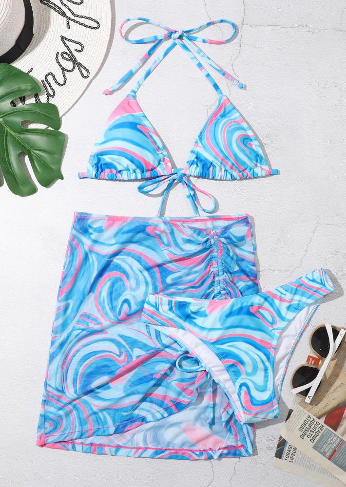 

Bikini Sets 3Pcs Abstract Swirl Halter Triangle Bikini Set in Light Blue. Size: ,XL