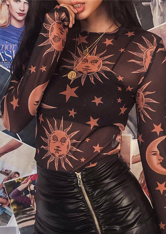 

Crop Tops Sun Moon See-Through Long Sleeve Crop Top in Black. Size: ,M,L