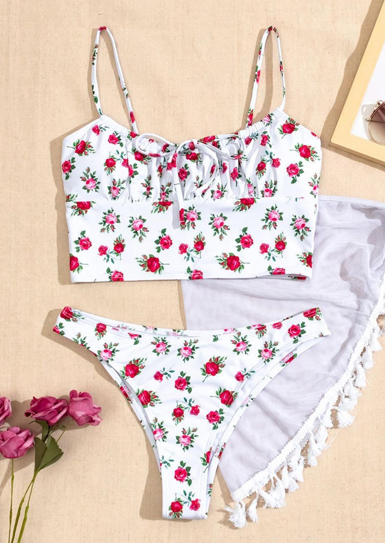 

Tankinis 3Pcs Rose Tassel Tankini Set in White. Size