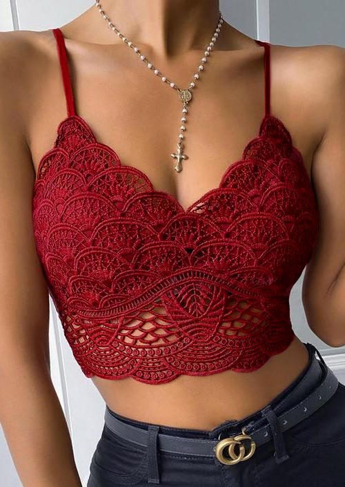 

Lingerie Lace Hollow Out Adjustable Strap Lingerie in Burgundy. Size