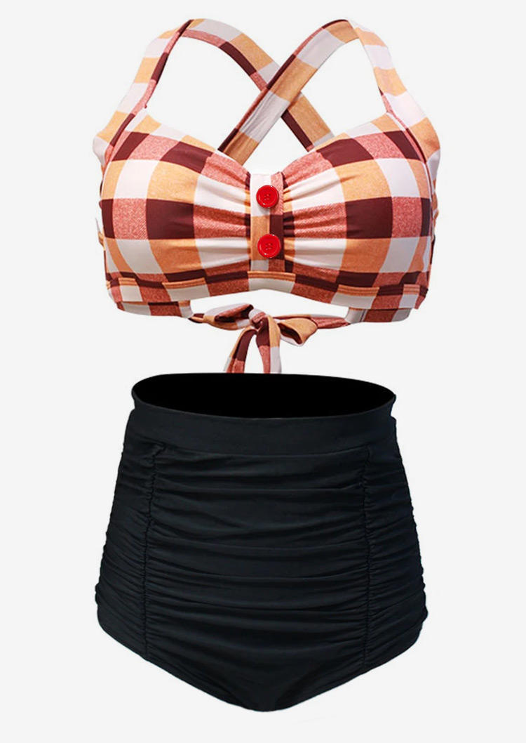 

Bikini Sets Plaid Button Tie Criss-Cross Bikini Set in Multicolor. Size
