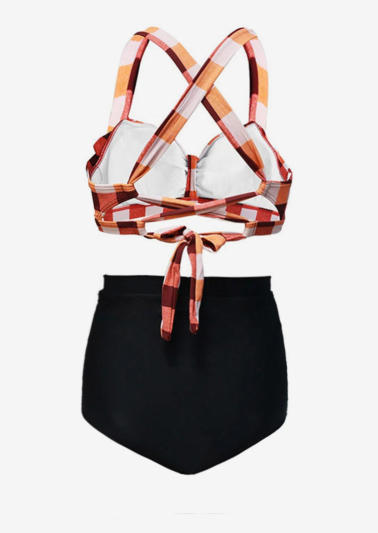 Bikini Sets Plaid Button Tie Criss-Cross Bikini Set in Multicolor. Size: M,S