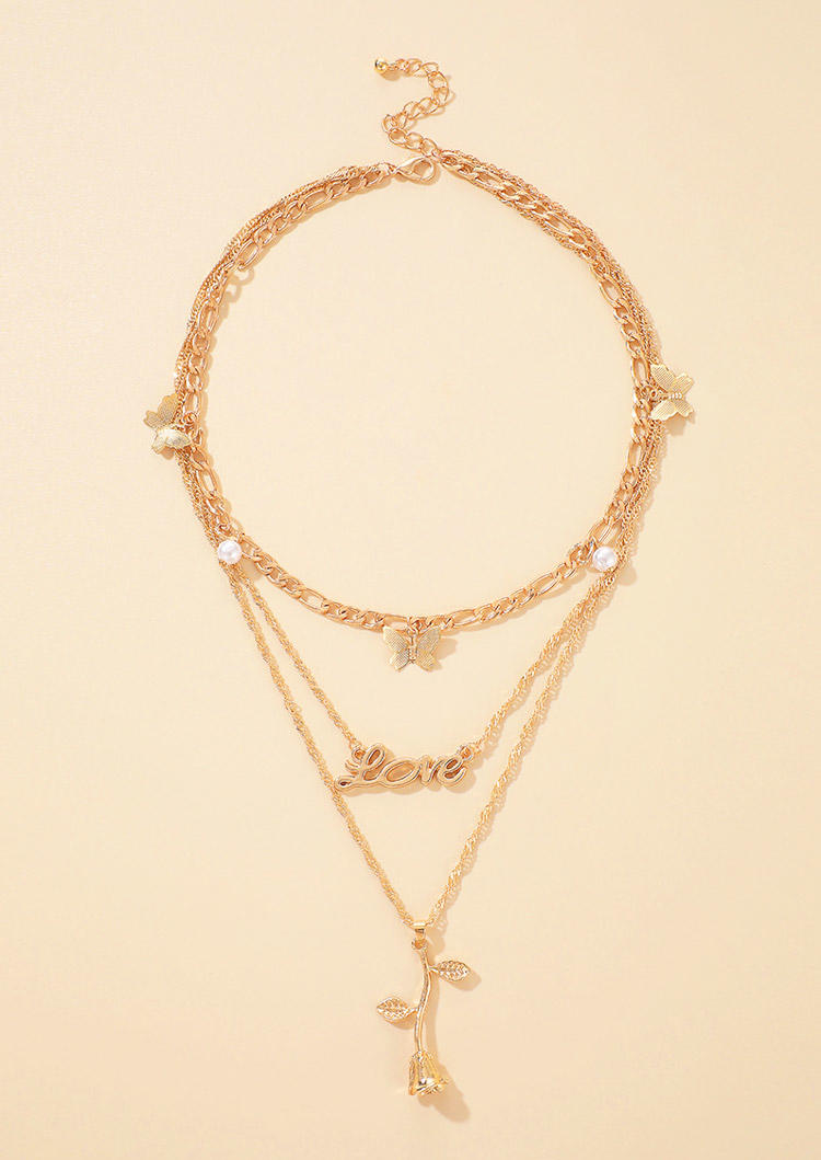 

Necklaces Rose Love Pearls Butterfly Multi-Layered Necklace in Gold. Size