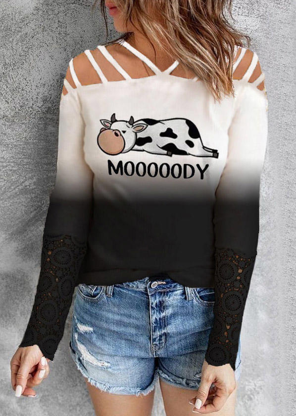 

Blouses Cow Mooooody Gradient Cold Shoulder Blouse in Black. Size: ,M,L,XL