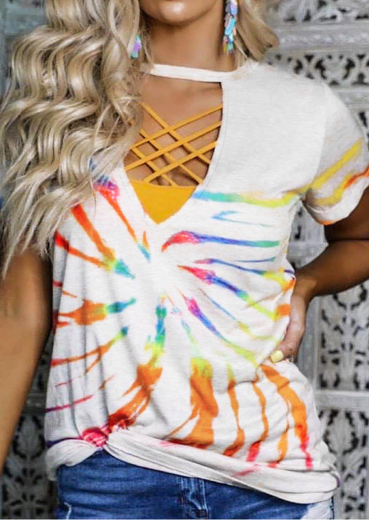 Blouses Criss-Cross Hollow Out Tie Dye Blouse in White. Size: S