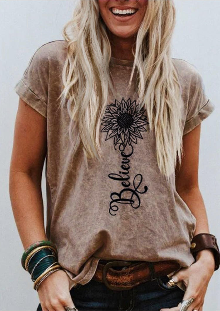 T-shirts Tees Sunflower Believe O-Neck T-Shirt Tee - Light Coffee in Brown. Size: L,M,S,XL
