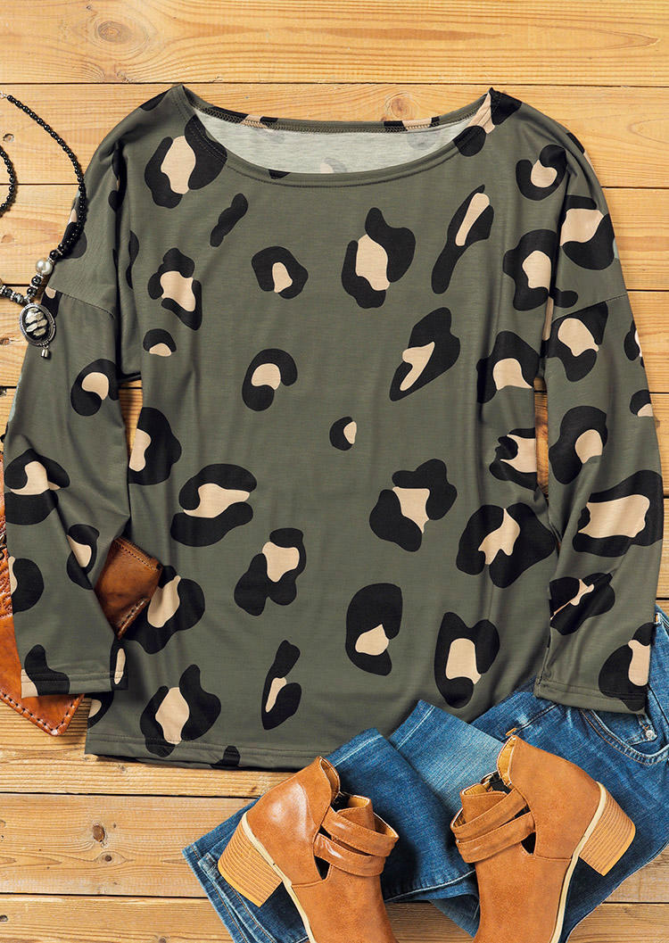 Blouses Leopard Long Sleeve Blouse in Army Green. Size: XL