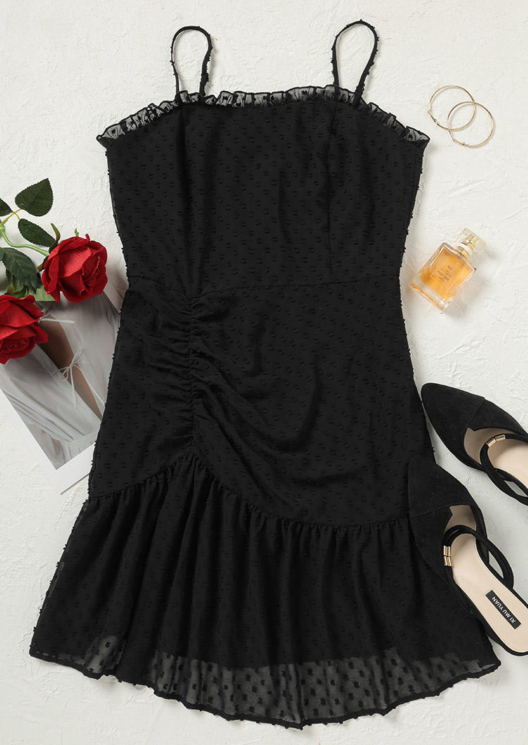 Dotted Swiss Ruffled Off Shoulder Mini Dress - Black