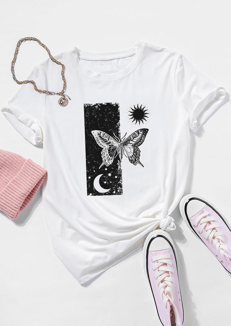 

T-shirts Tees Butterfly Sun Moon O-Neck T-Shirt Tee in White. Size: ,M,L,XL