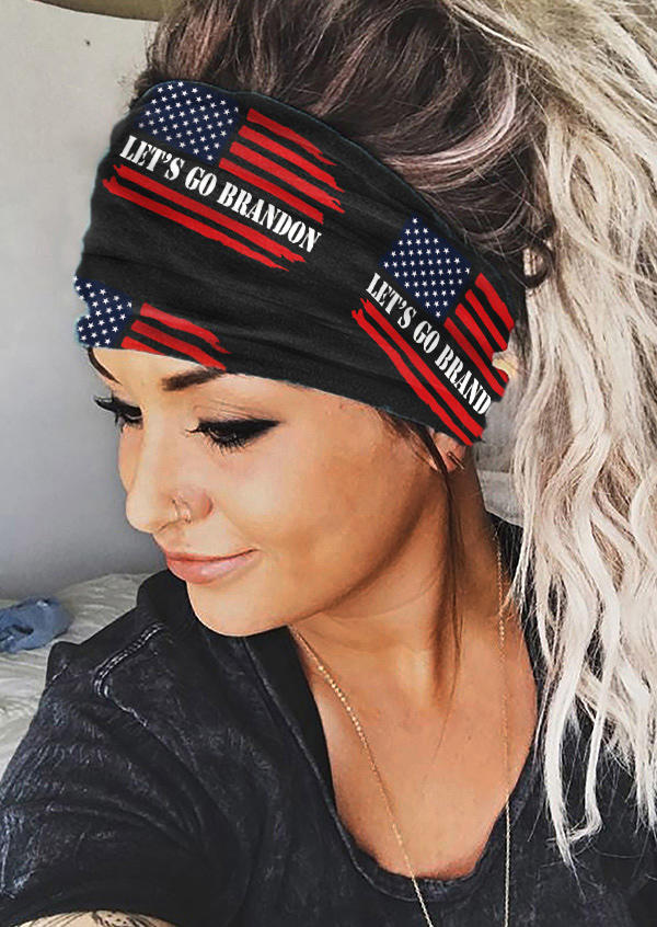 

Let's Go Brandon American Flag Wide Headband in Black. Size