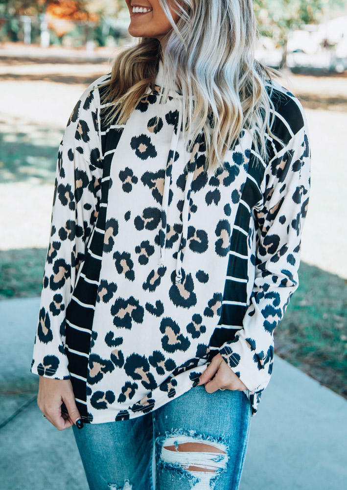 

Blouses Leopard Striped Splicing Hooded Blouse in Multicolor. Size: ,M,L,XL