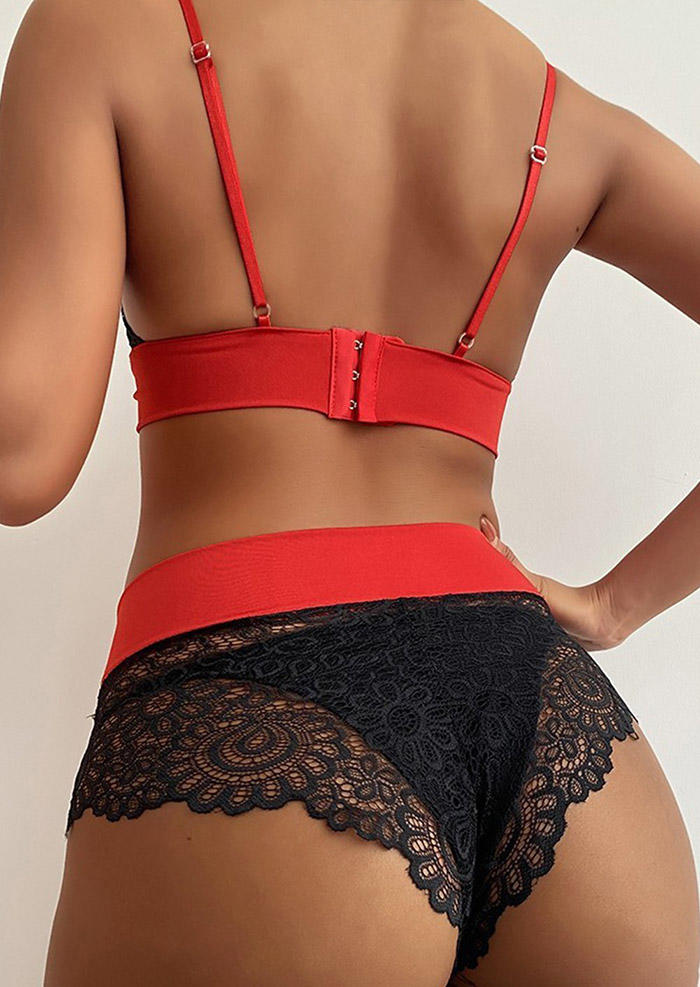 

Lingerie Bowknot Lace Splicing Lingerie Set in Red. Size