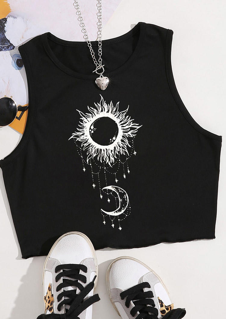 

Crop Tops Sun Moon Sleeveless Crop Tank Top in Black. Size